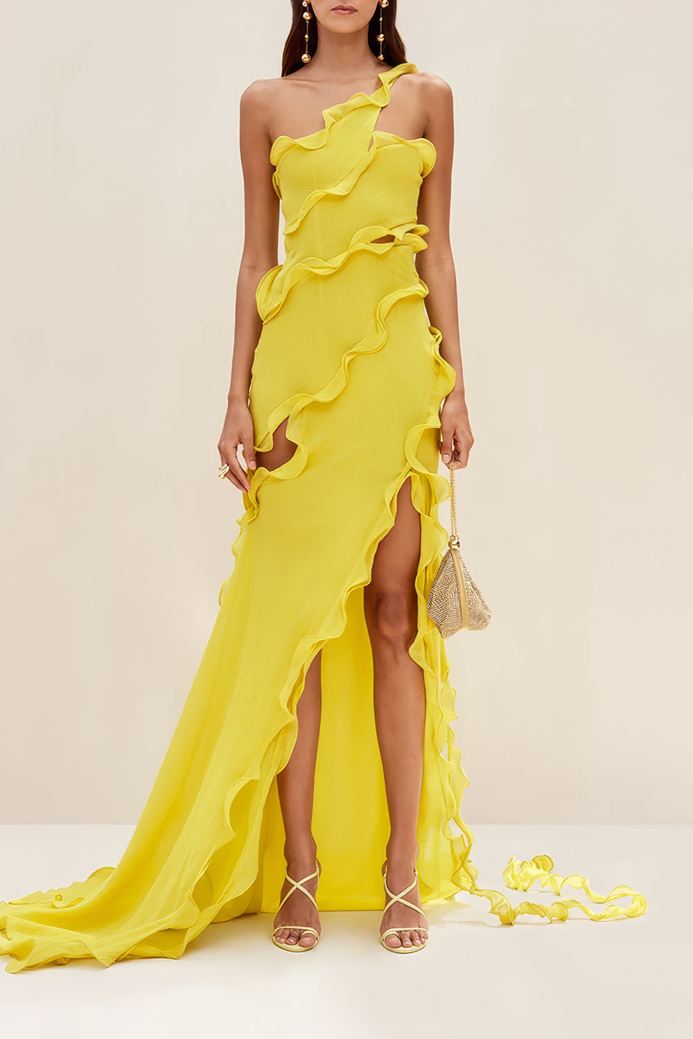 Asymmetrical Ruffled Maxi Dress with Cut-Outs