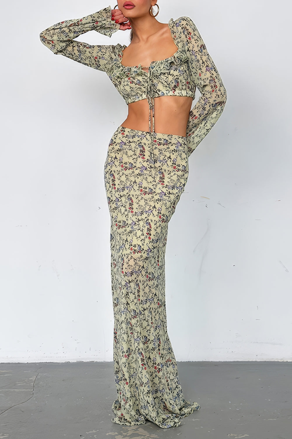 Two-Piece Set Floral Top and Long Skirt