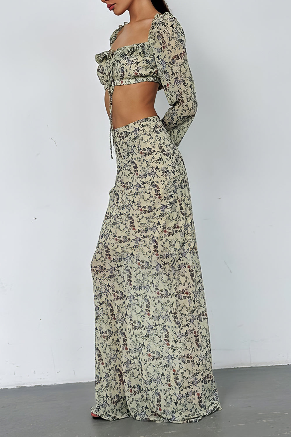 Two-Piece Set Floral Top and Long Skirt