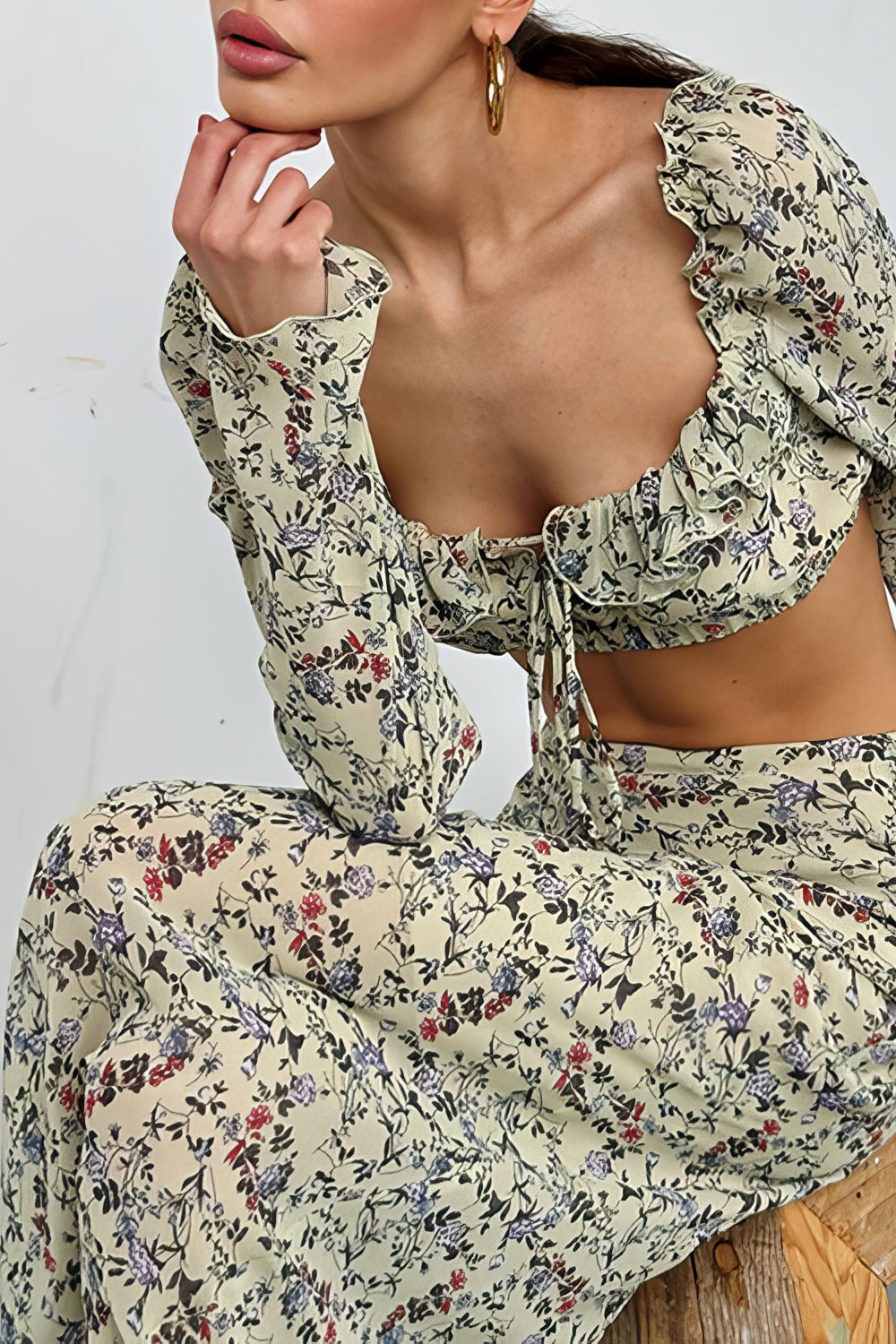 Two-Piece Set Floral Top and Long Skirt