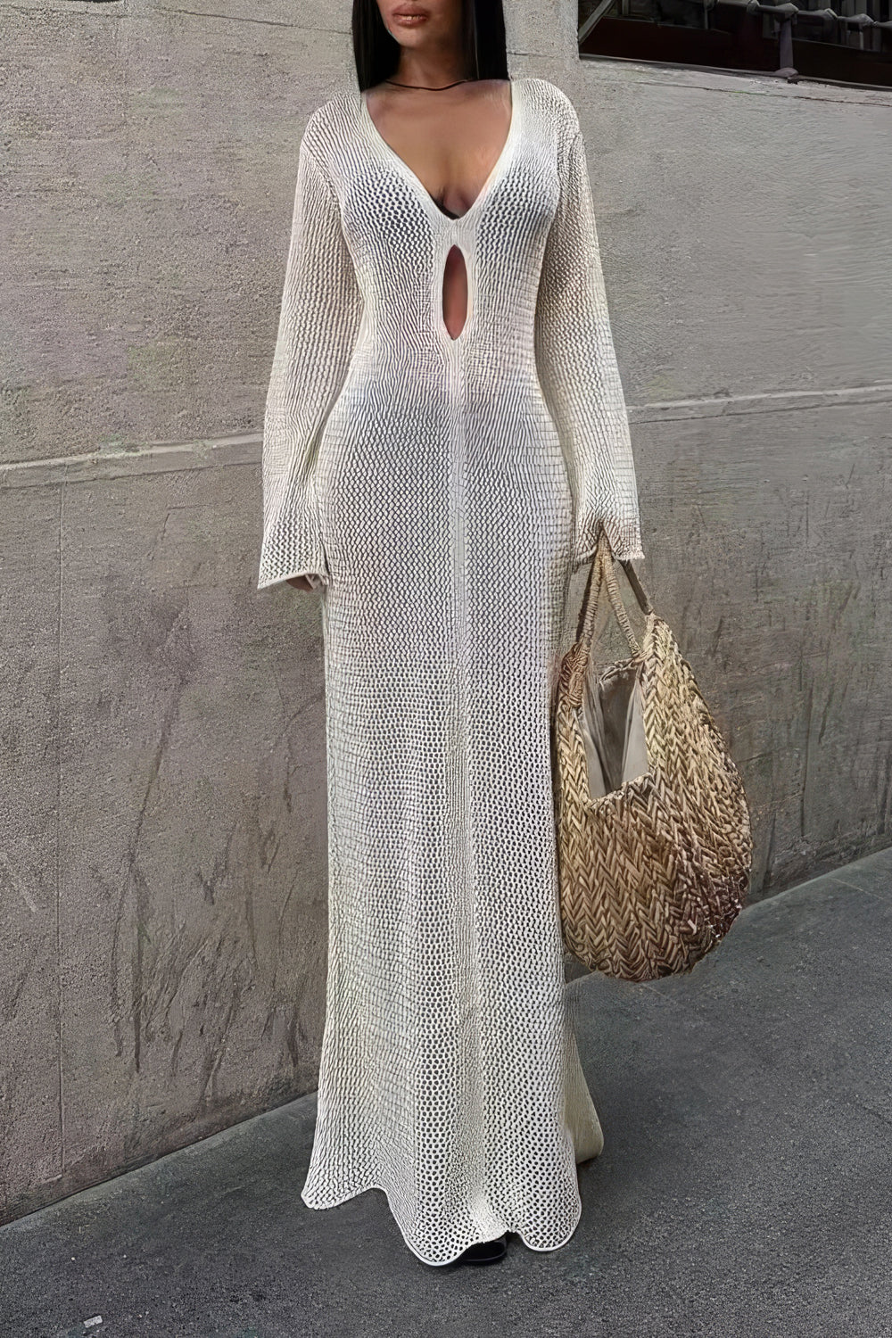 Knitted Long Sleeve Cover-Up Maxi Dress