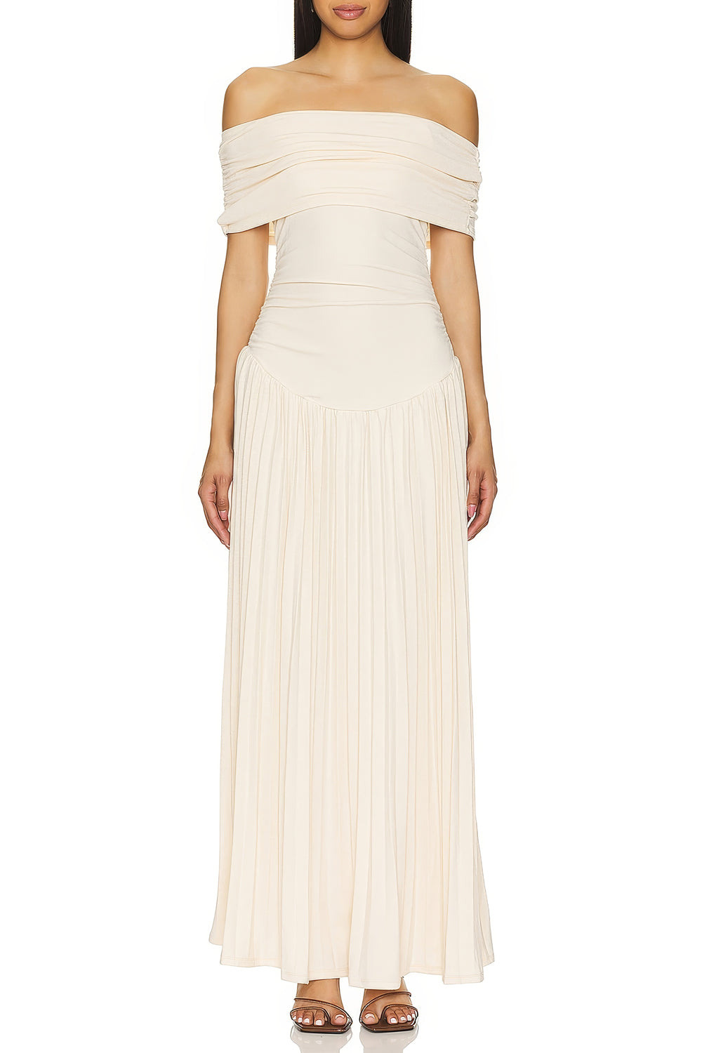 Maxi Dress with Off-Shoulder Pleated Detailing