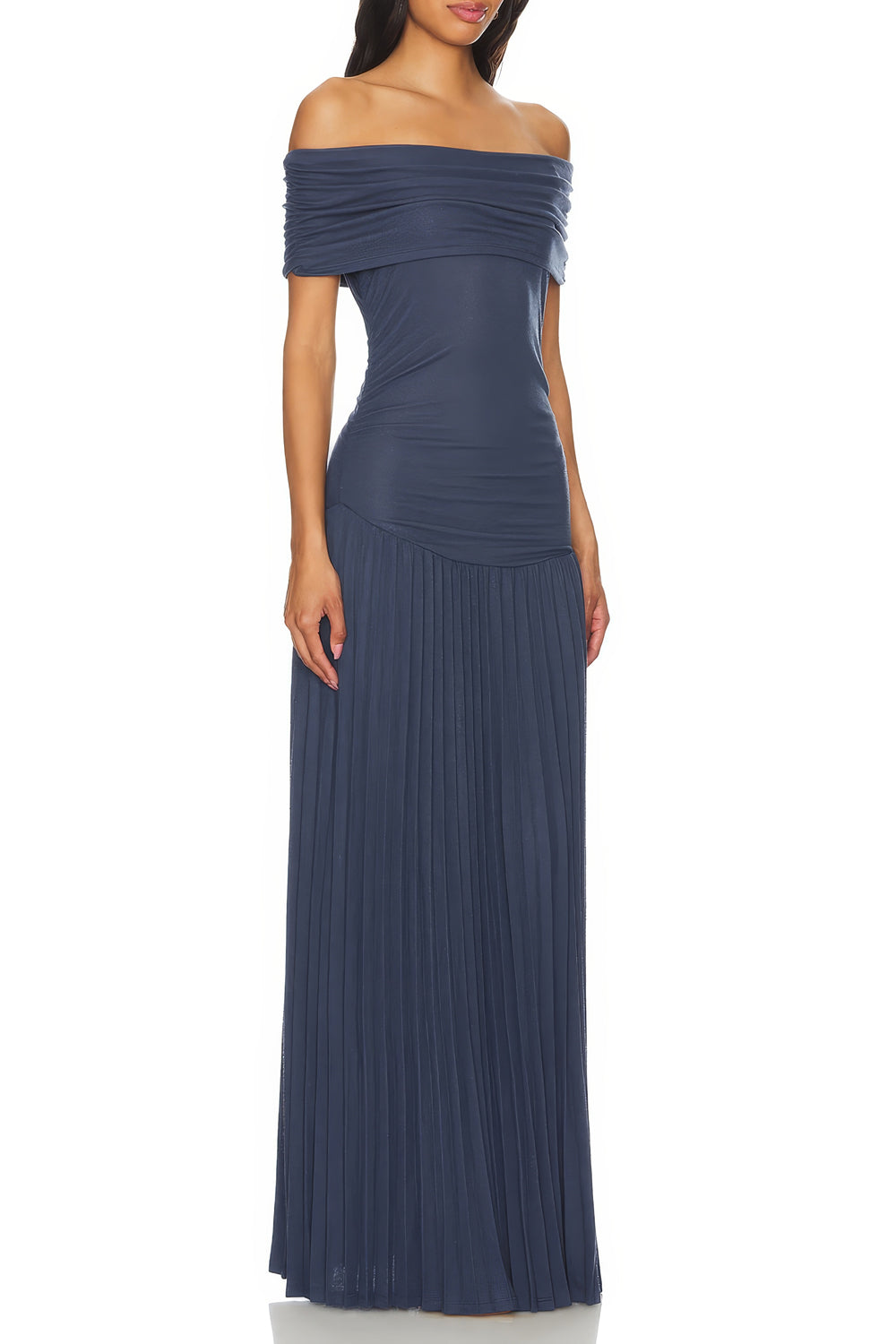 Maxi Dress with Off-Shoulder Pleated Detailing