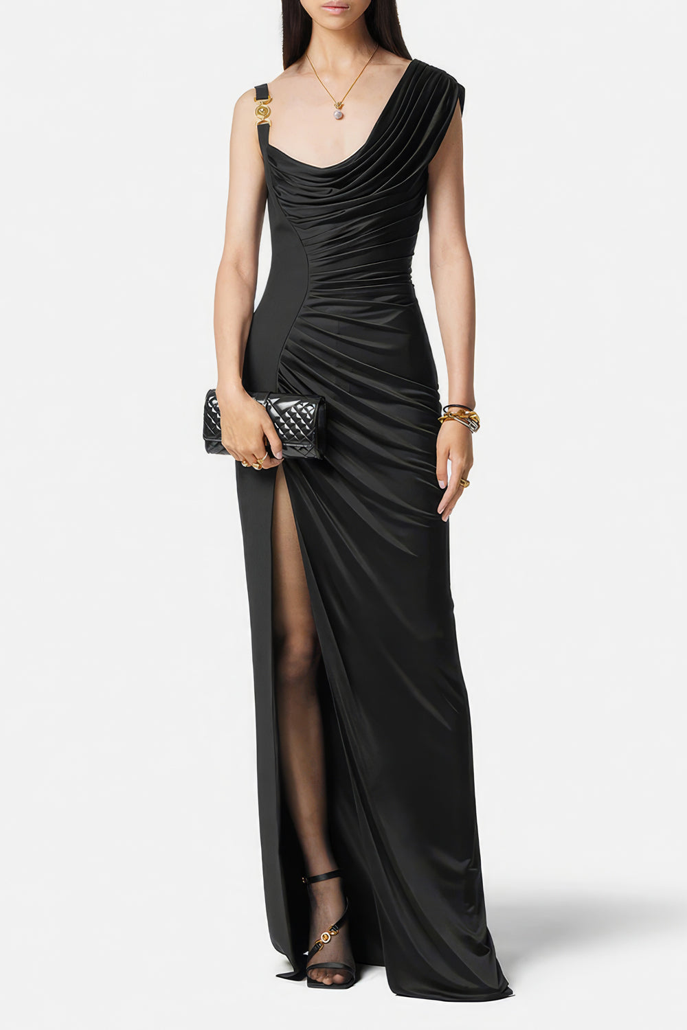 Elegant Asymmetrical Pleated Maxi Dress with High Slit