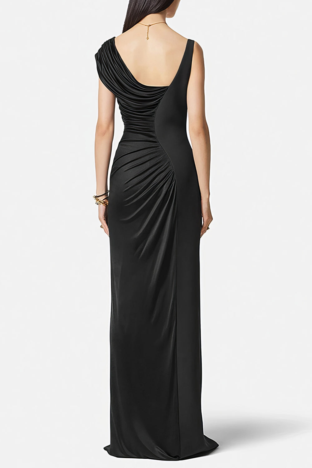 Elegant Asymmetrical Pleated Maxi Dress with High Slit