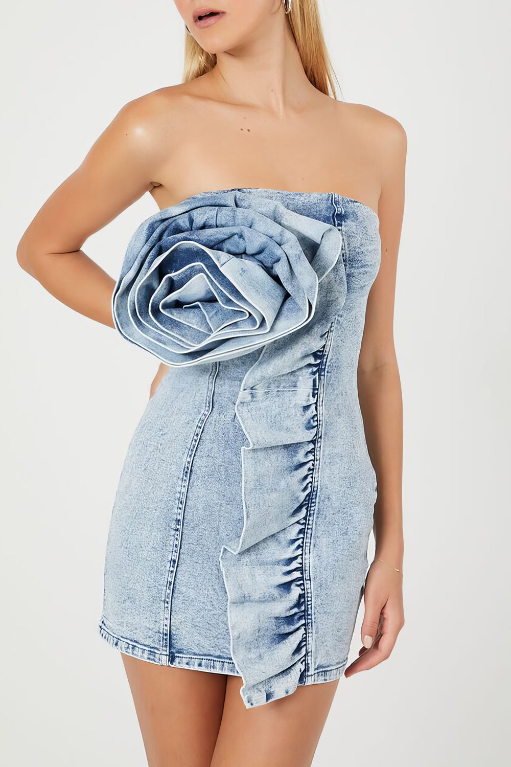 Denim Mini Dress with Rosette Detail