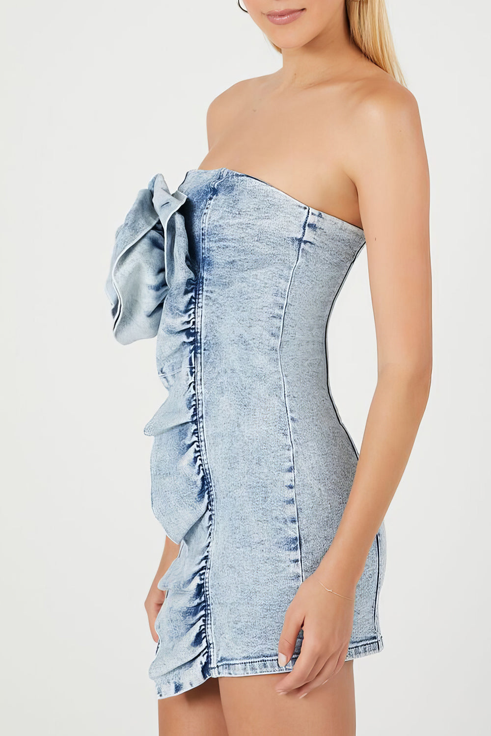 Denim Mini Dress with Rosette Detail