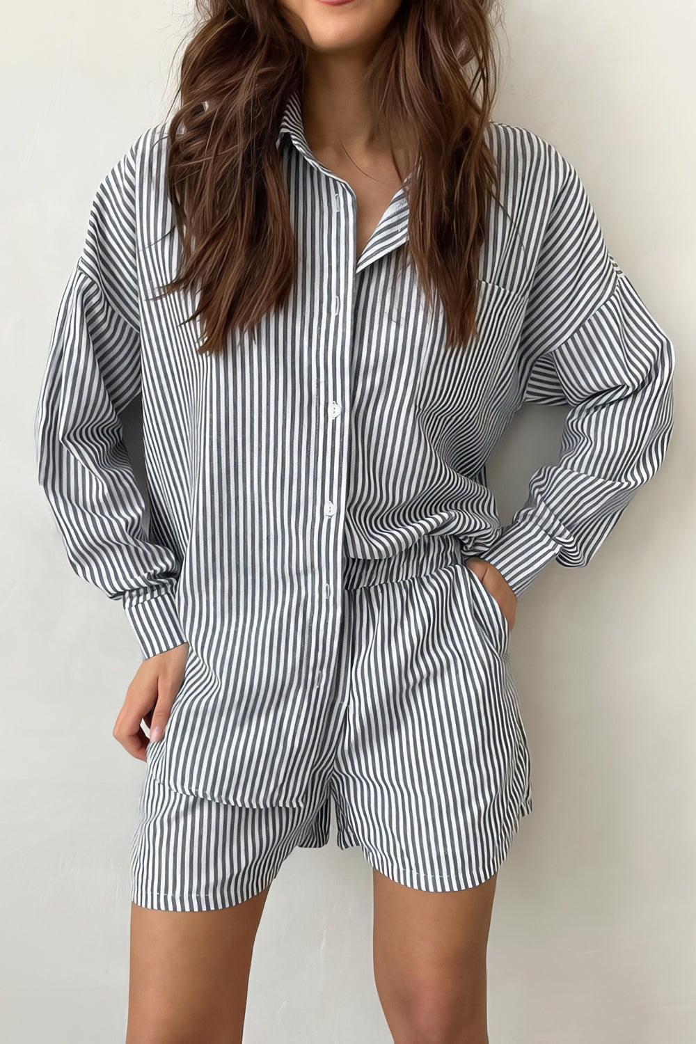 Striped Long Sleeve Shirt and Short Co-Ord Set