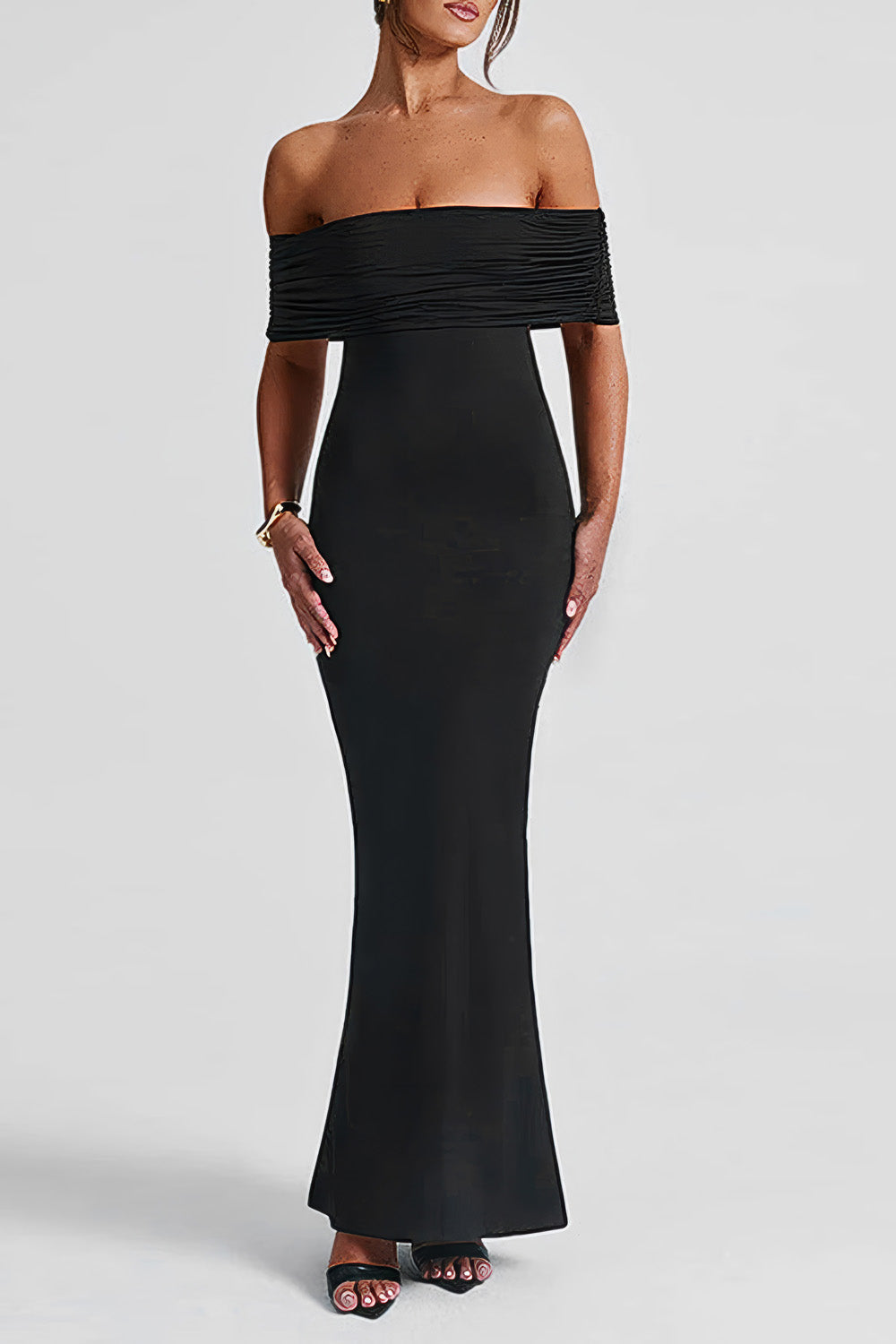 Elegant Off-Shoulder Maxi Dress with Draped Back Design