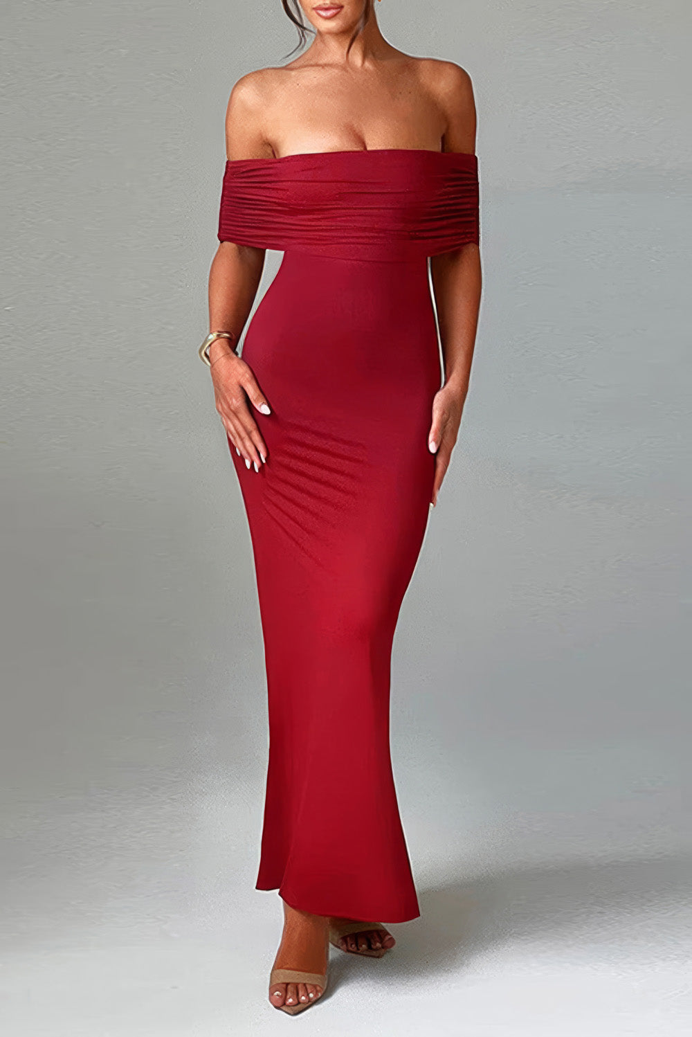 Elegant Off-Shoulder Maxi Dress with Draped Back Design