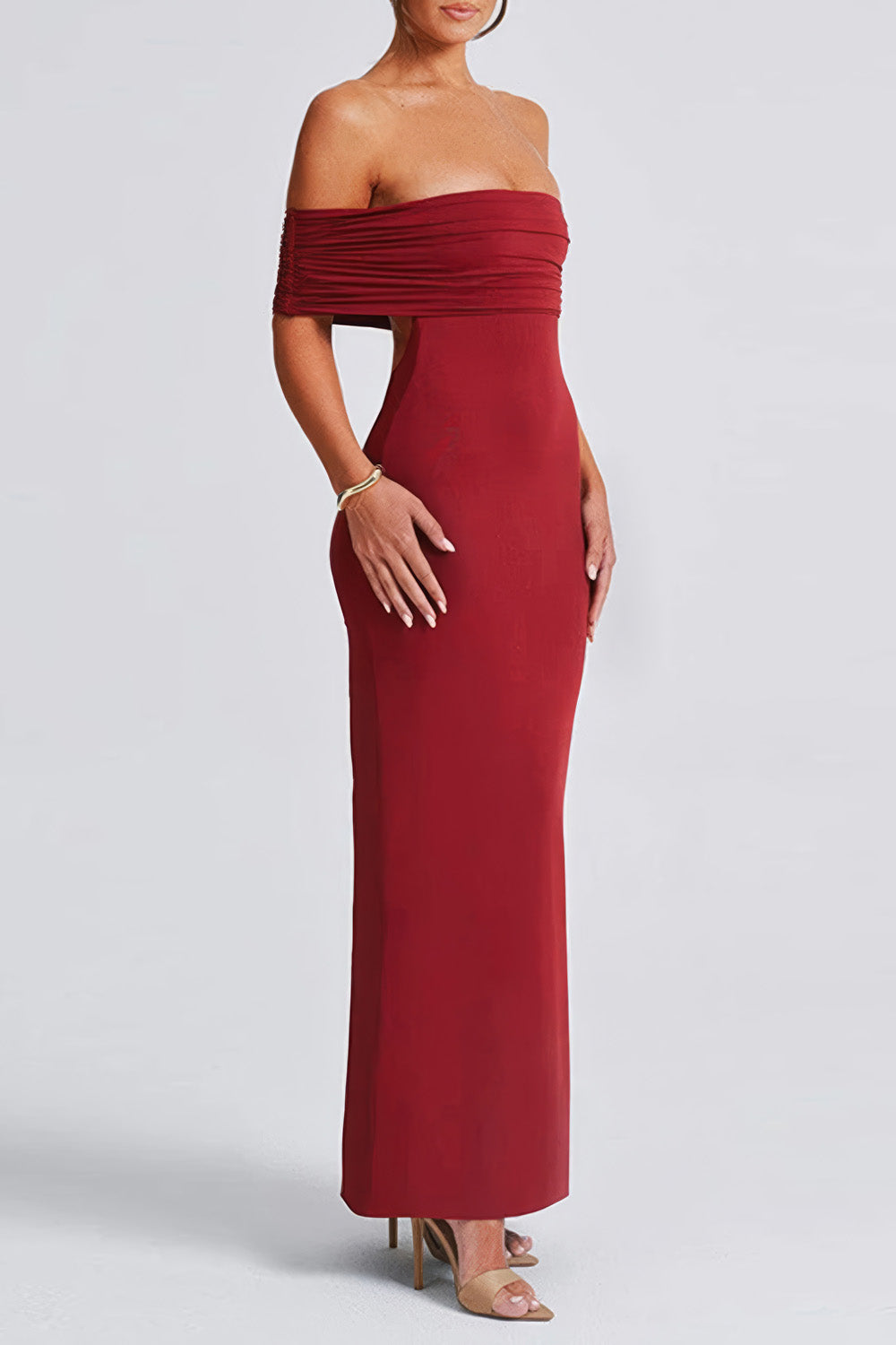 Elegant Off-Shoulder Maxi Dress with Draped Back Design