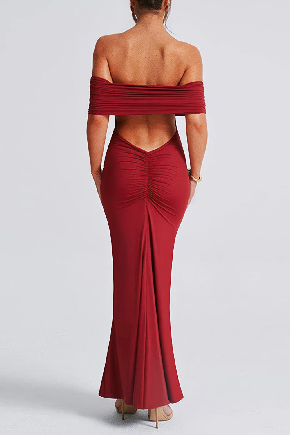 Elegant Off-Shoulder Maxi Dress with Draped Back Design