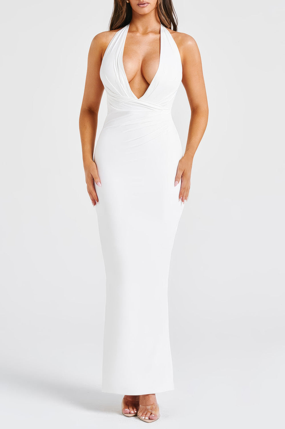 Deep Neckline Halter Neck Maxi Dress