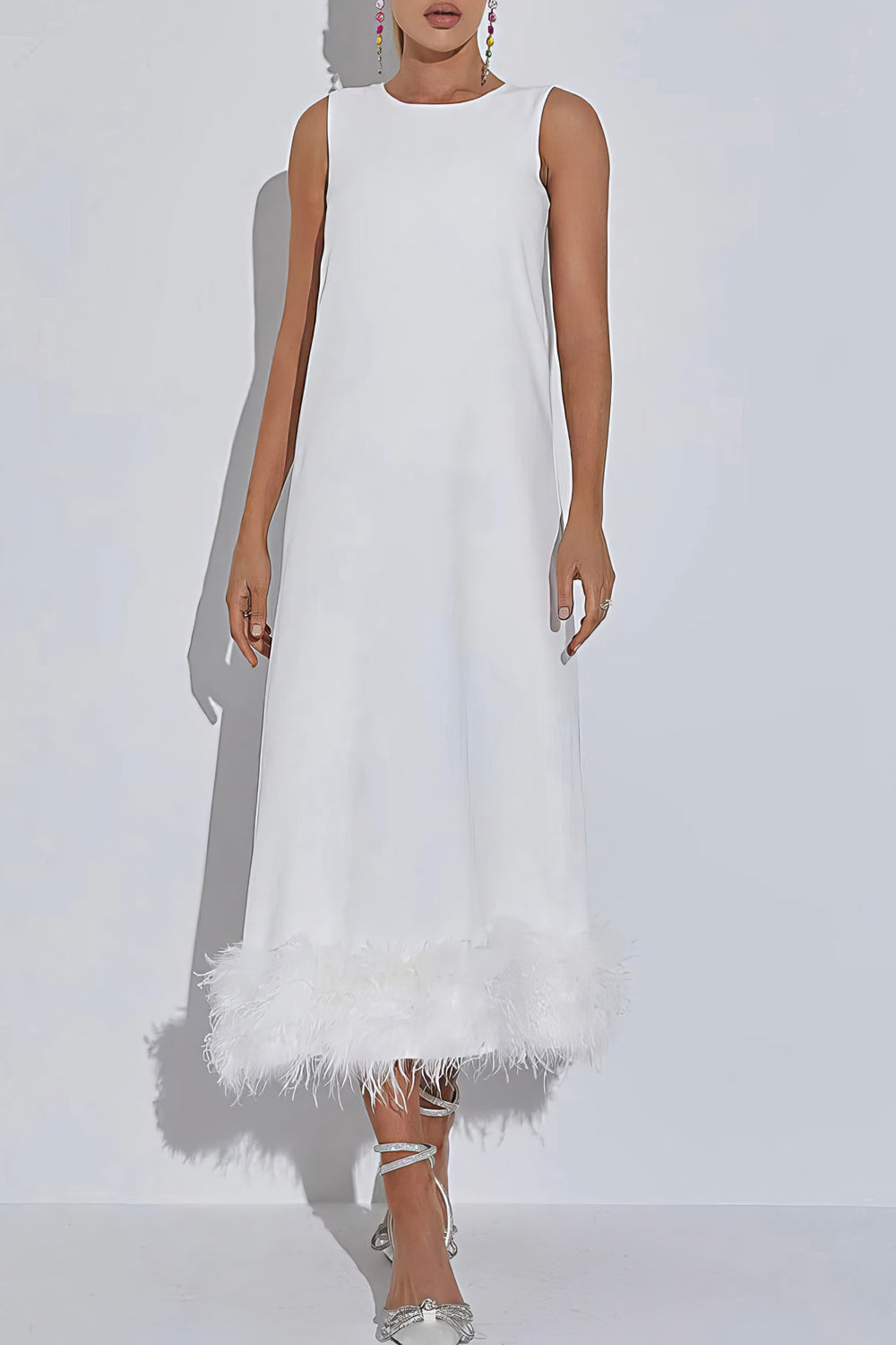 Sleeveless Midi Dress with Feathered Hem