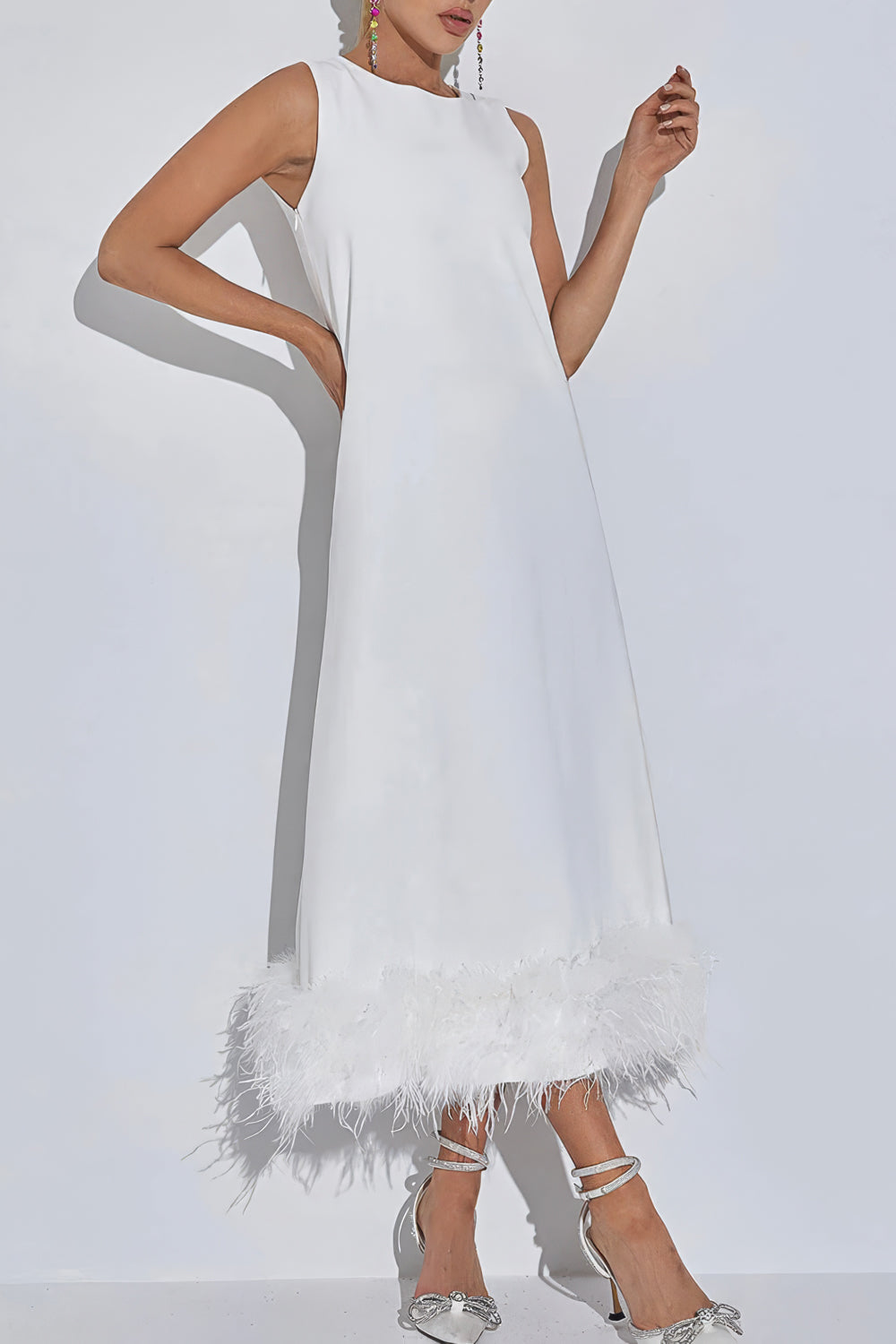 Sleeveless Midi Dress with Feathered Hem