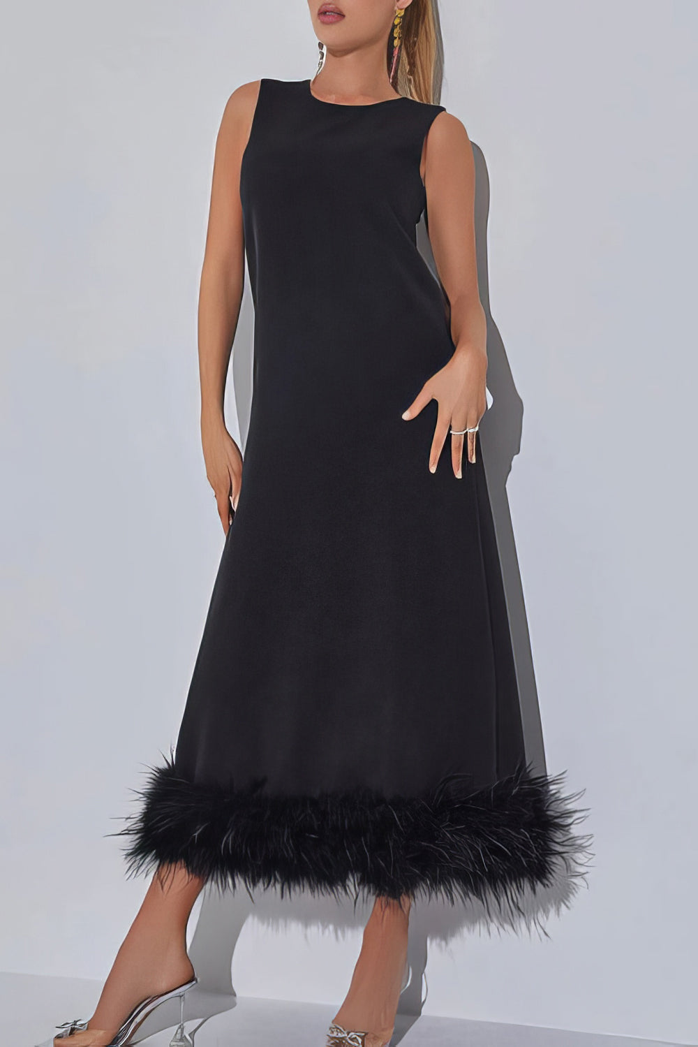 Sleeveless Midi Dress with Feathered Hem