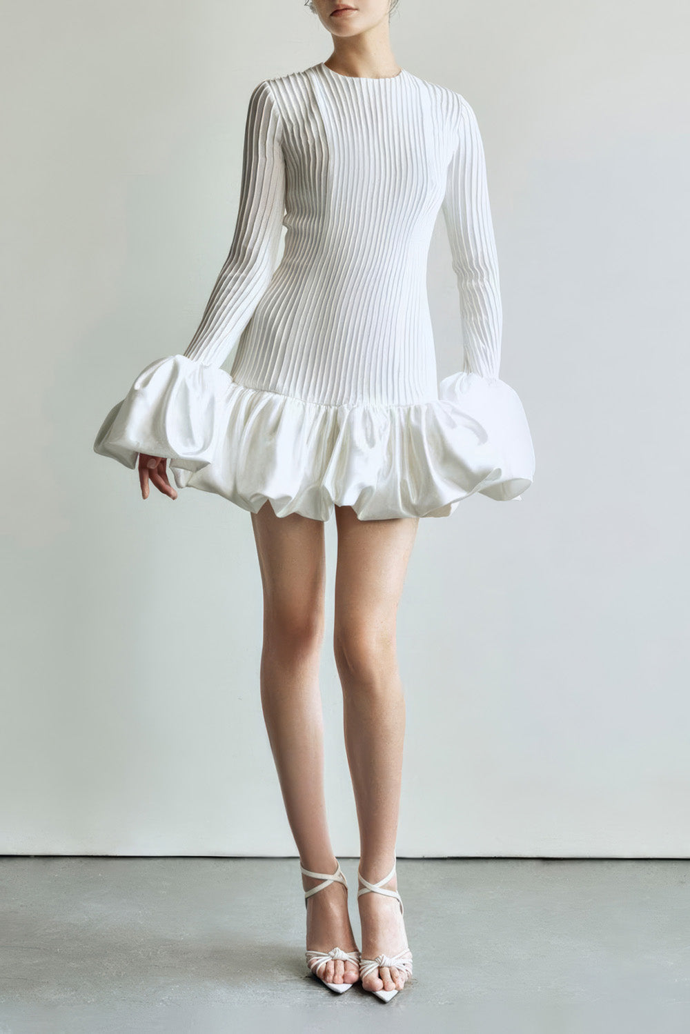 Ribbed Knit Mini Dress with Puff Hem Detailing