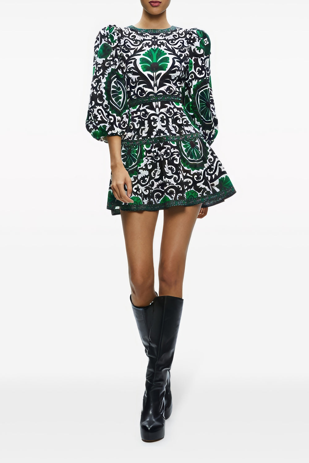 Elegant Print Mini Dress with Puff Sleeves and Flared Skirt