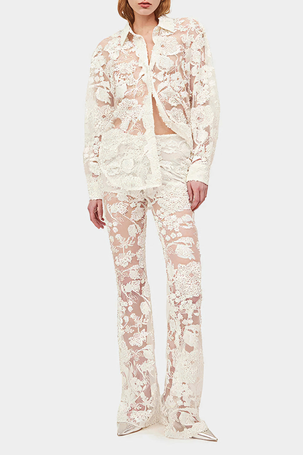 Floral Lace Two-Piece Set with Shirt and Trouser