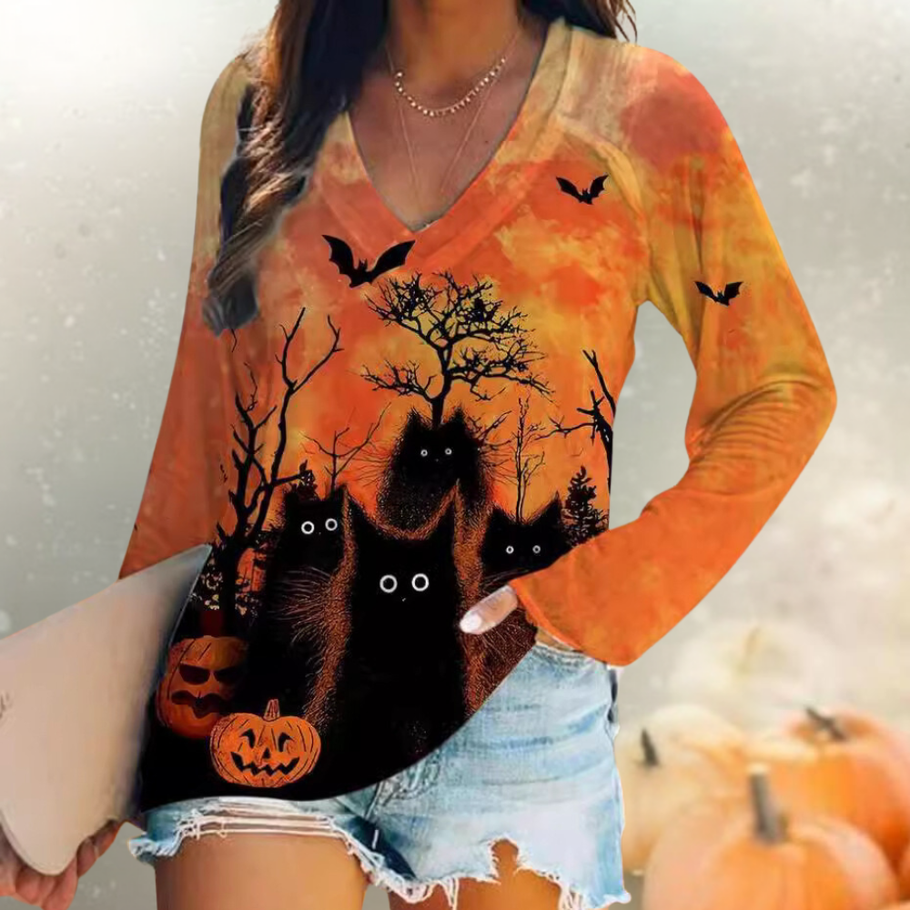 Rella - T-shirt met Halloween kattenprint voor dames