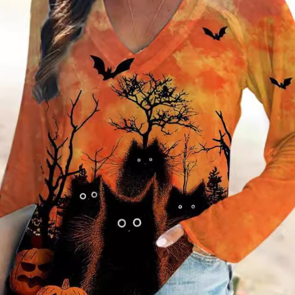 Rella - T-shirt met Halloween kattenprint voor dames