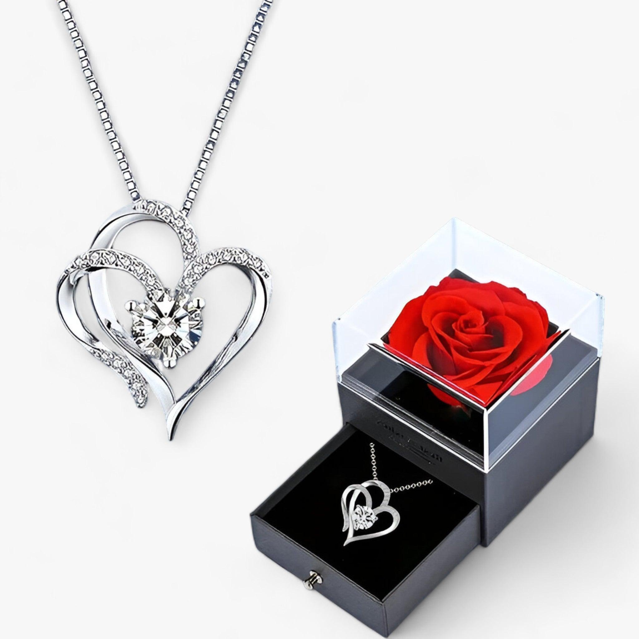 AMORE - Elegante Hart Zirkonia Ketting met Luxe Rozen Cadeaudoos